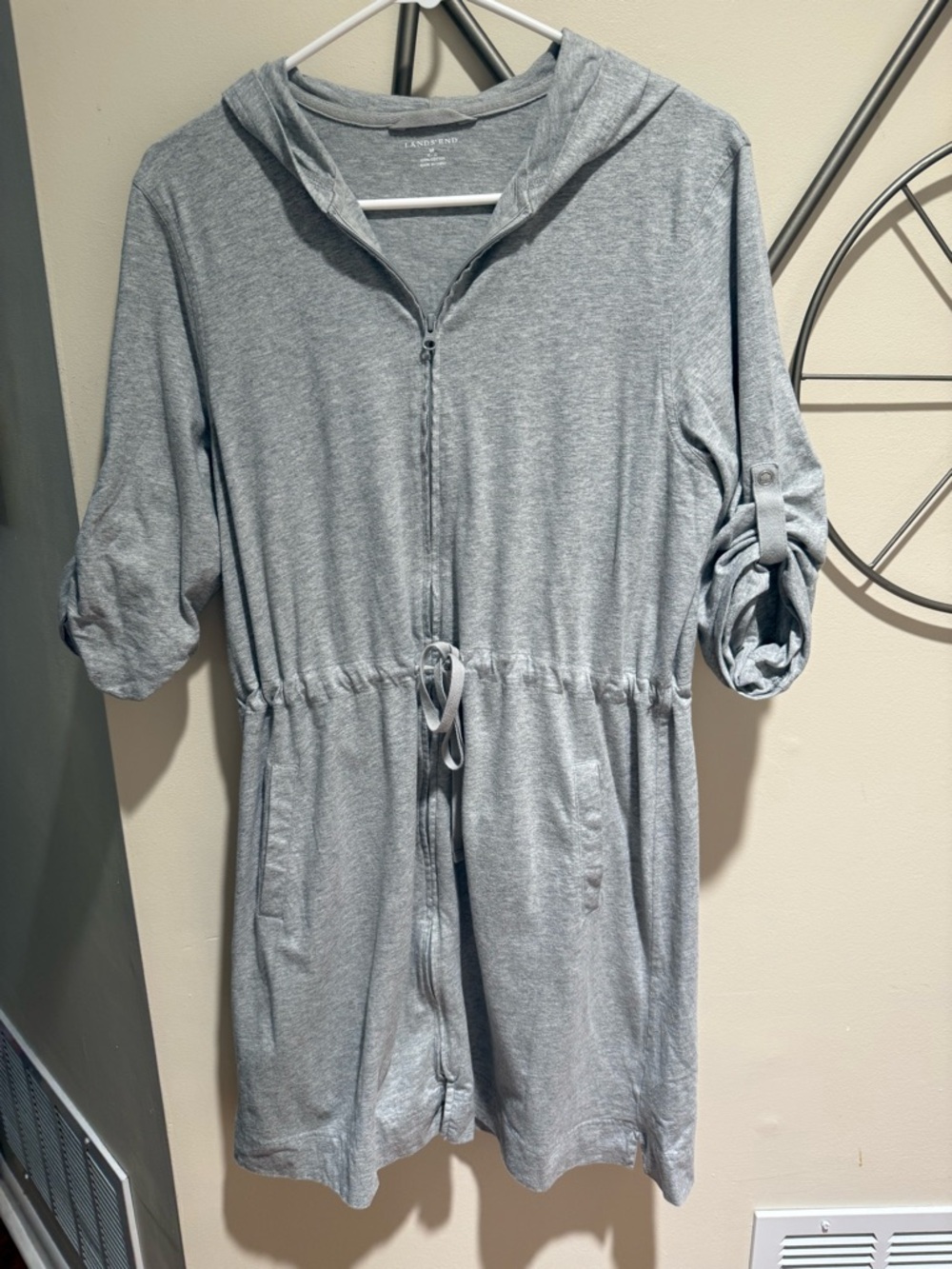 Lands’ End Light Gray Hooded Zip-Front Drawstring Dress Size M 100% Cotton